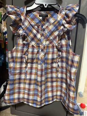 J.CREW Plaid Ruffle Sleeve Button-Front Top